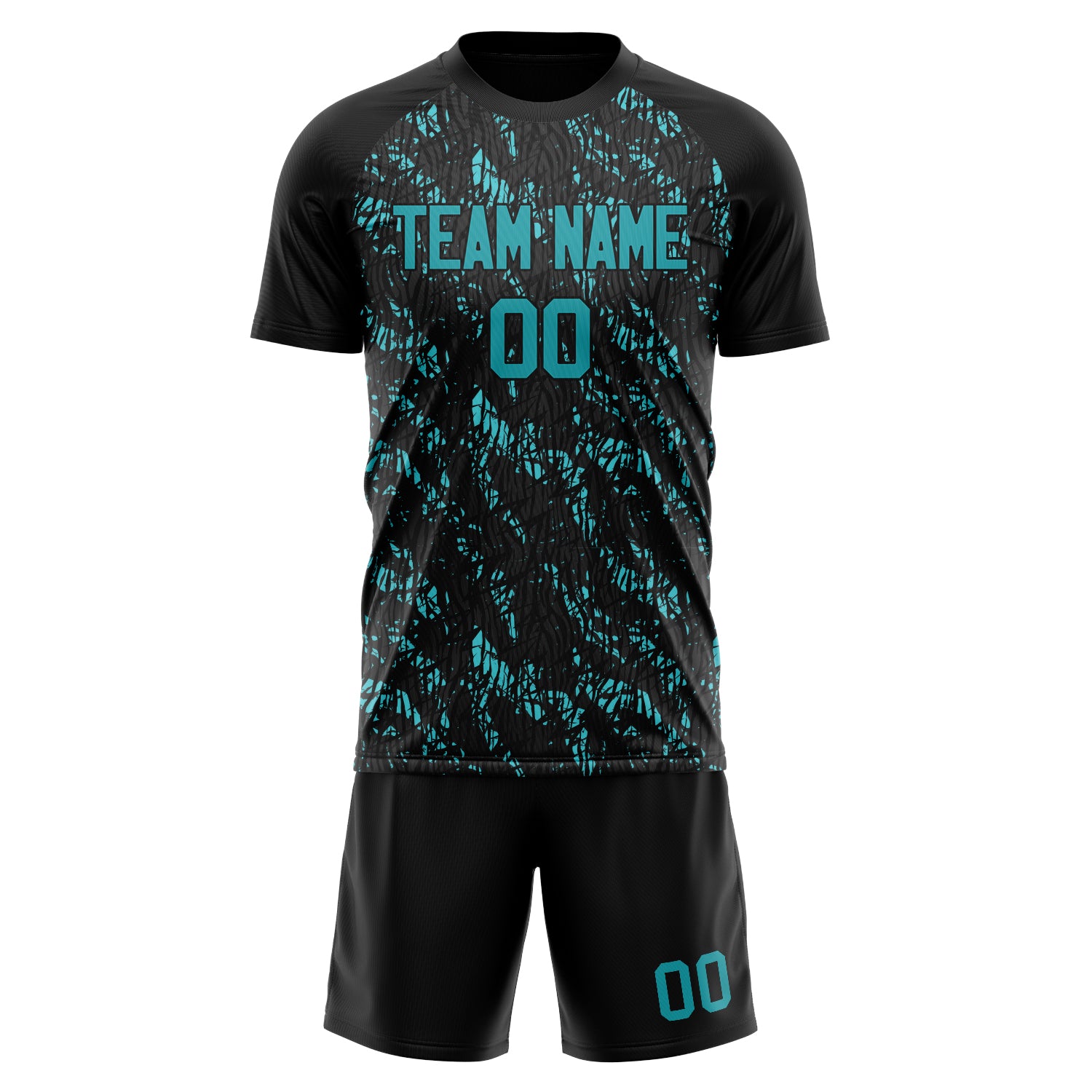Custom Black Teal GeometricalPattern Soccer Jersey