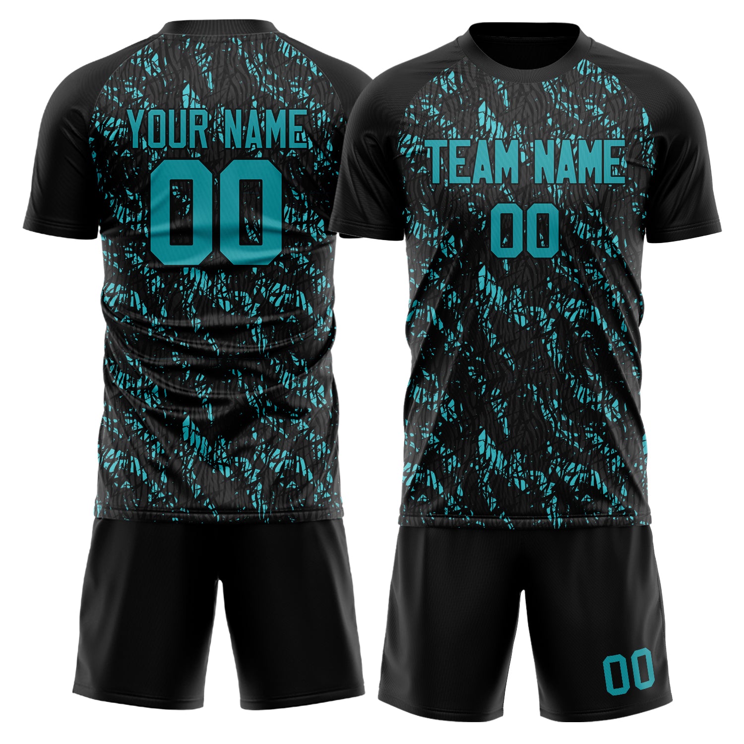 Custom Black Teal GeometricalPattern Soccer Jersey