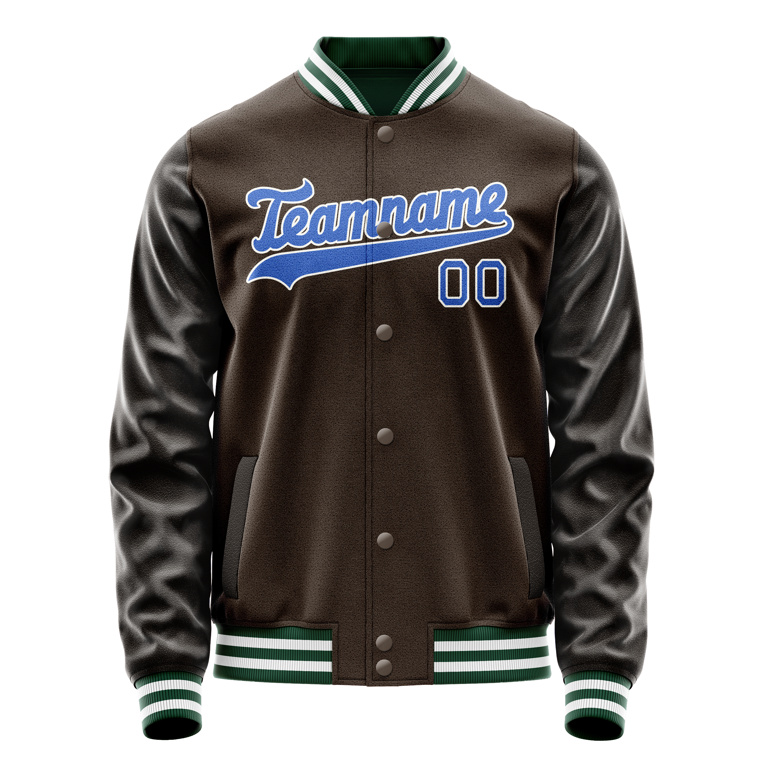 Custom Brown Teal Solid Color Varsity Letterman Jacket JA02240617XF087