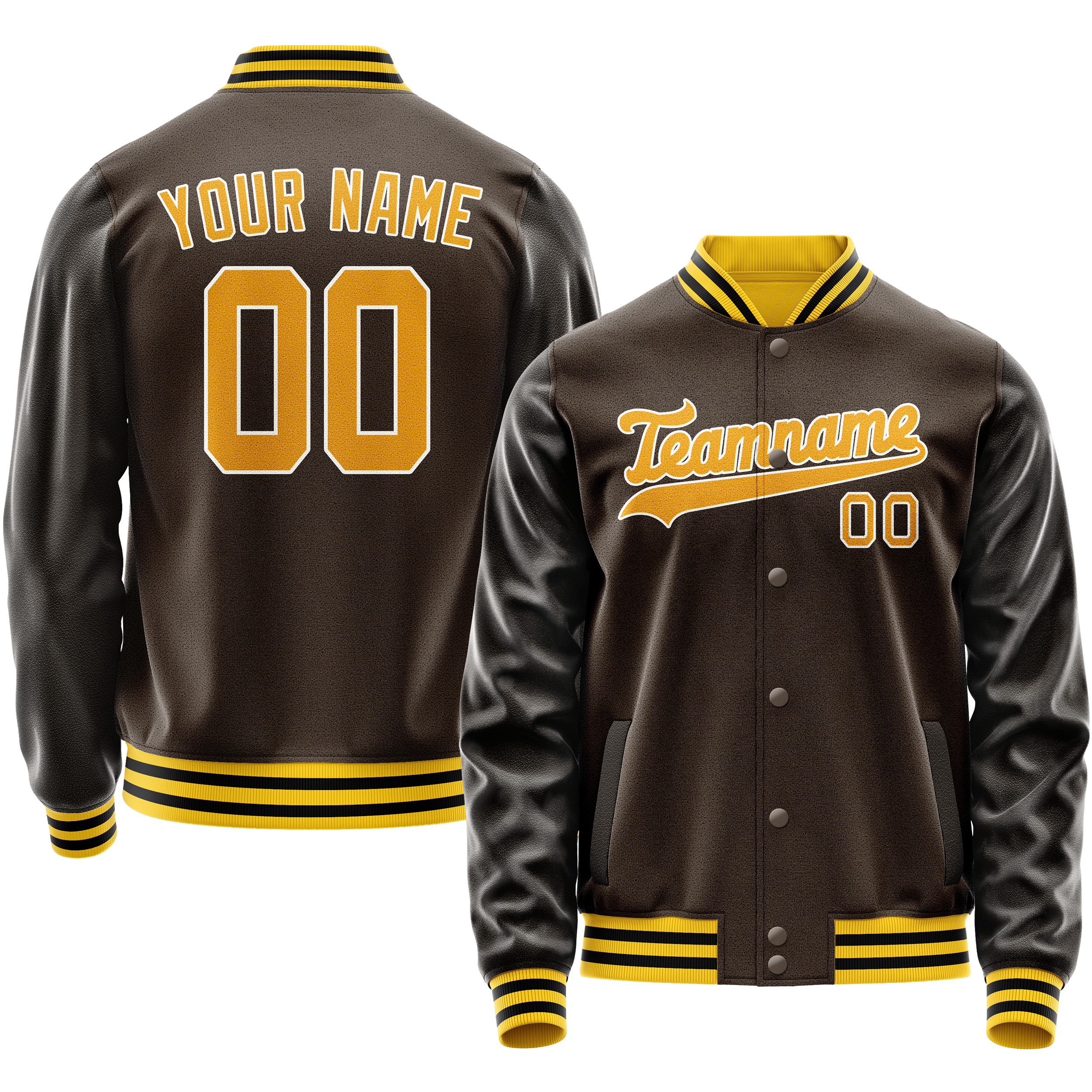 Custom Brown Gold Solid Color Varsity Letterman Jacket