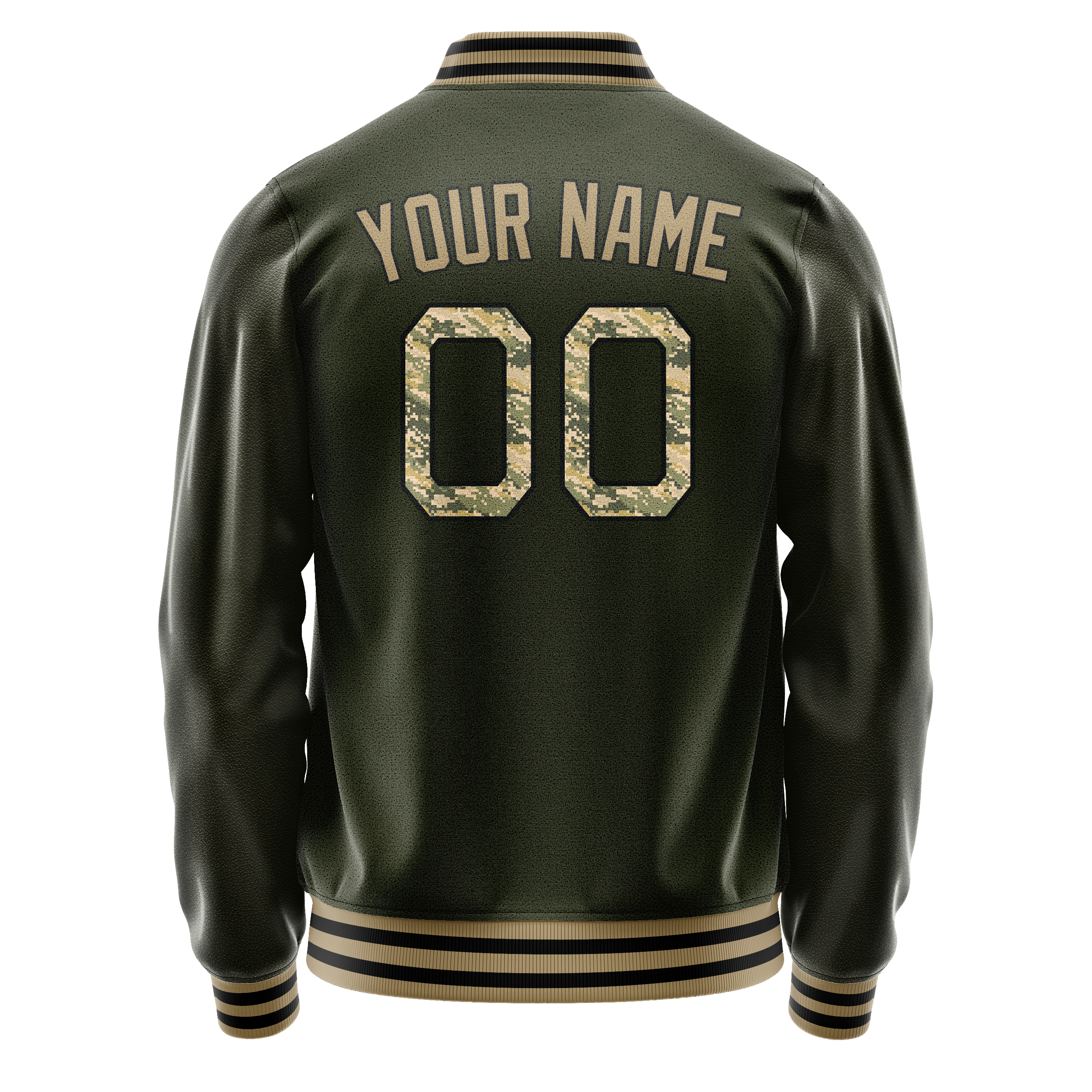 Custom Olive Camo Solid Color Varsity Letterman Jacket JA02240617LH309