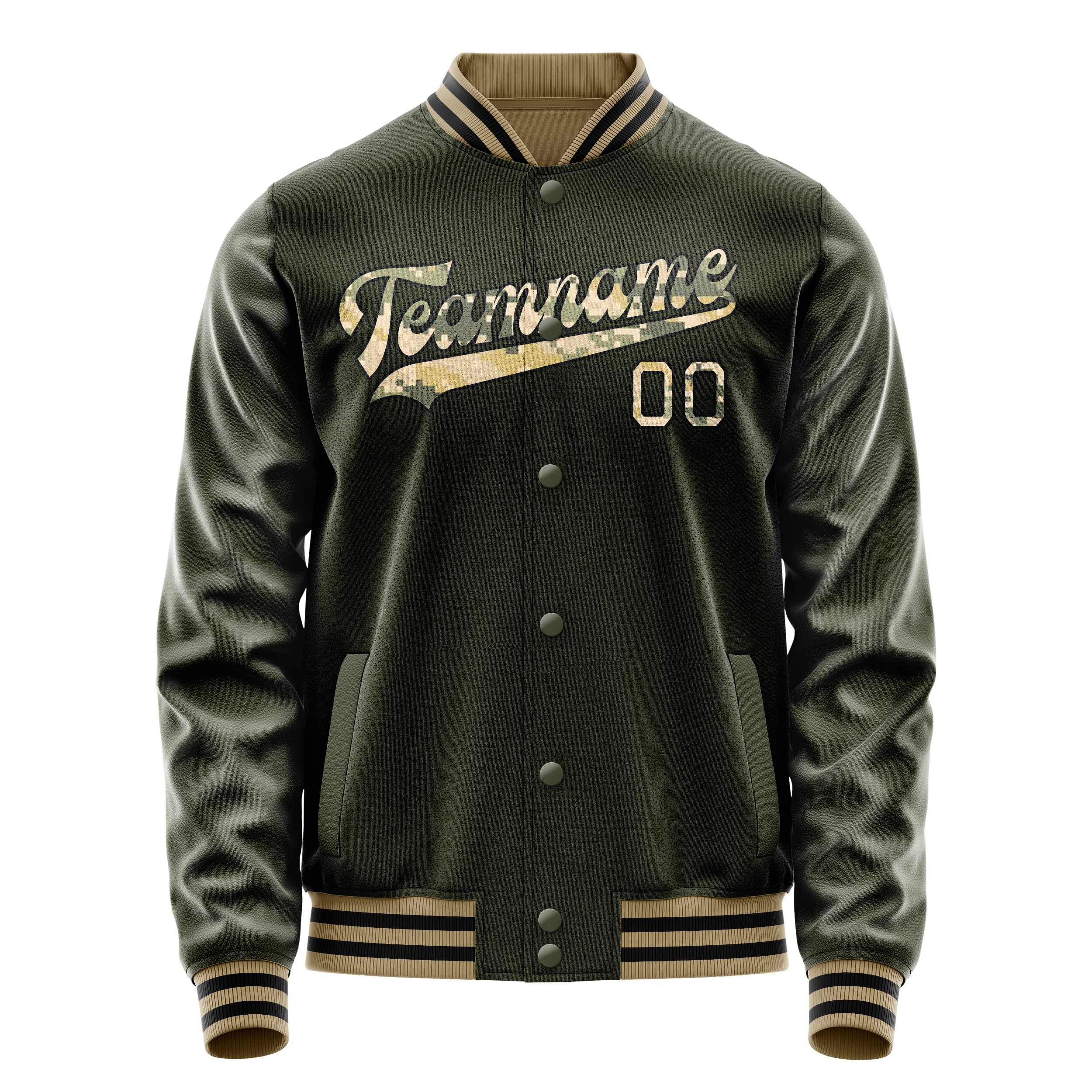 Custom Olive Camo Solid Color Varsity Letterman Jacket JA02240617LH309