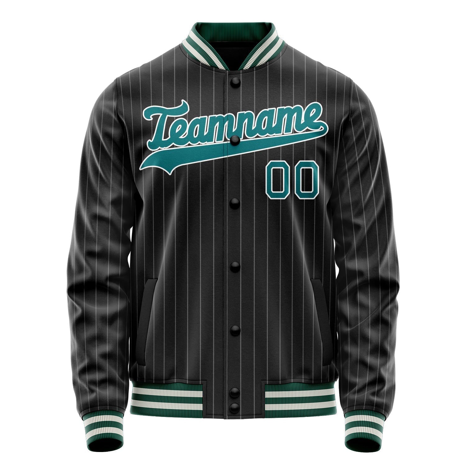 Custom Black Teal Gray Pinstripe Varsity Letterman Jacket JA02240617HF032