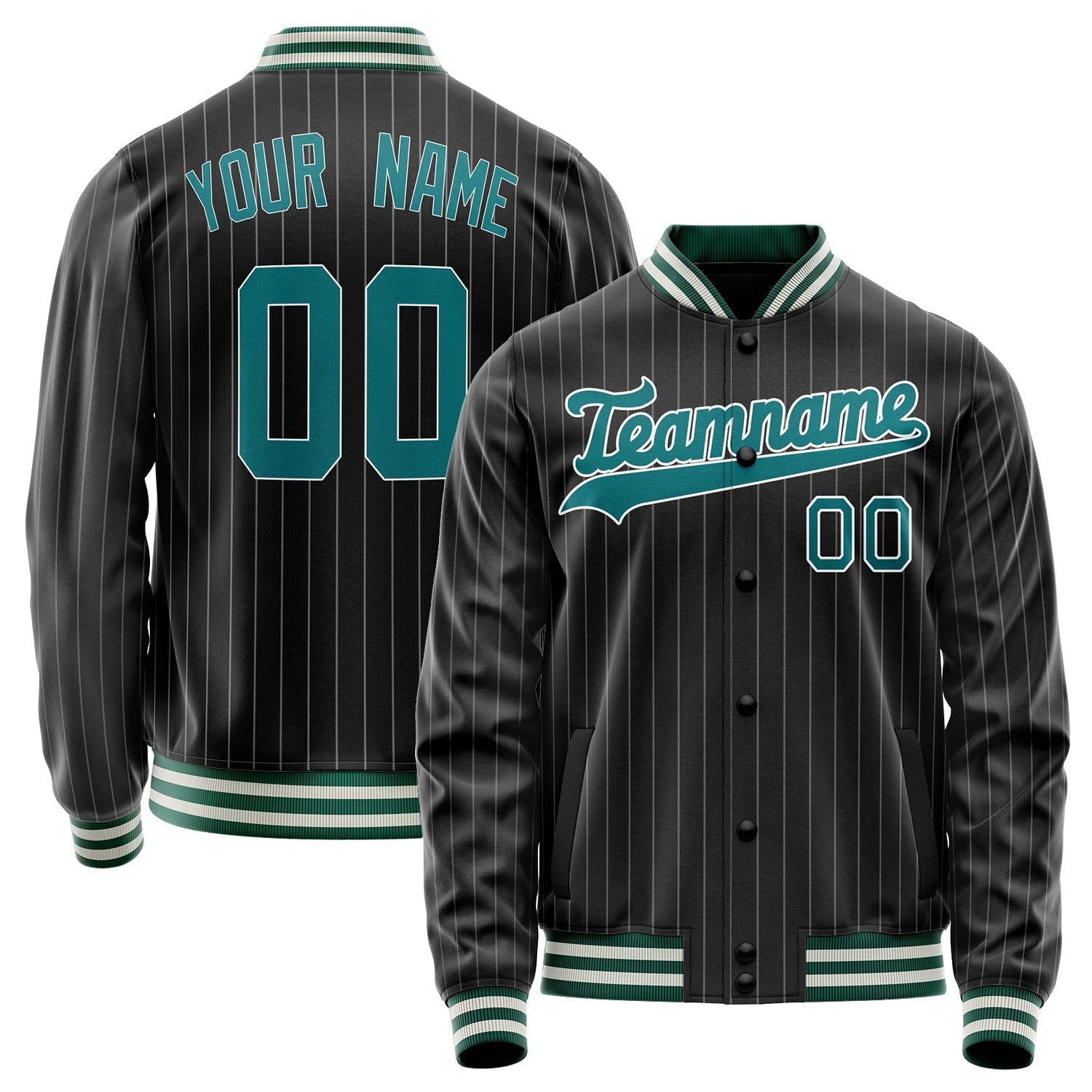 Custom Black Teal Gray Pinstripe Varsity Letterman Jacket JA02240617HF032