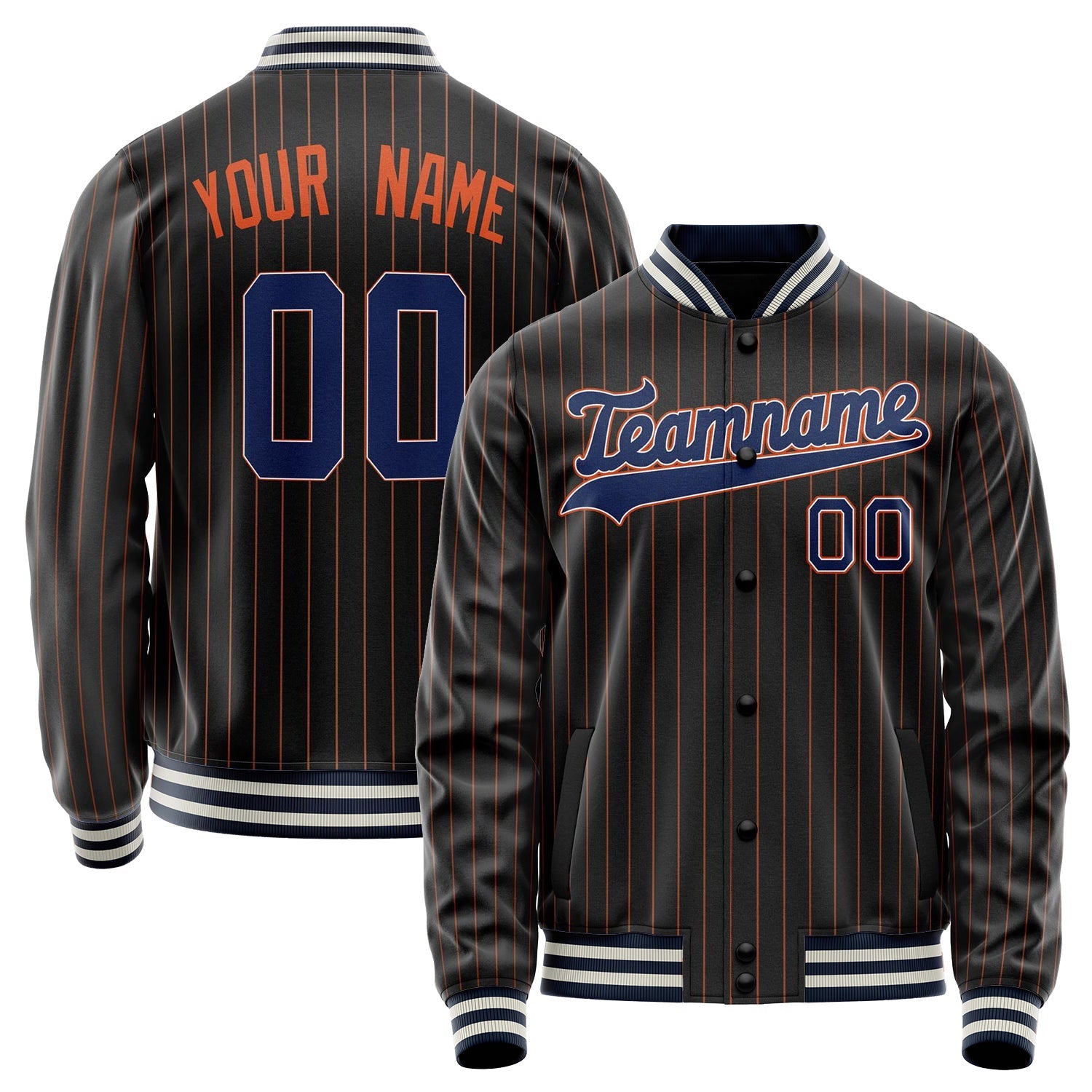 Custom Black Royal Orange Pinstripe Varsity Letterman Jacket JA02240617HF035