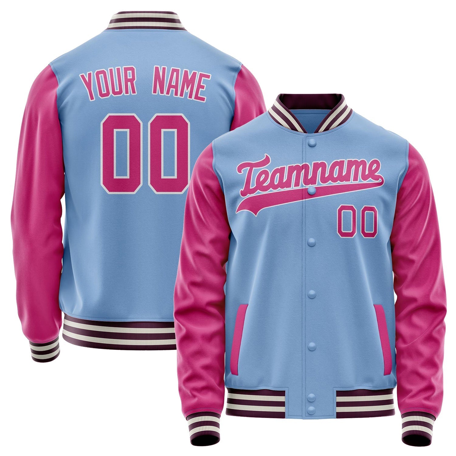 Custom Light-Blue Pink Solid Color Varsity Letterman Jacket JA02240617JC240