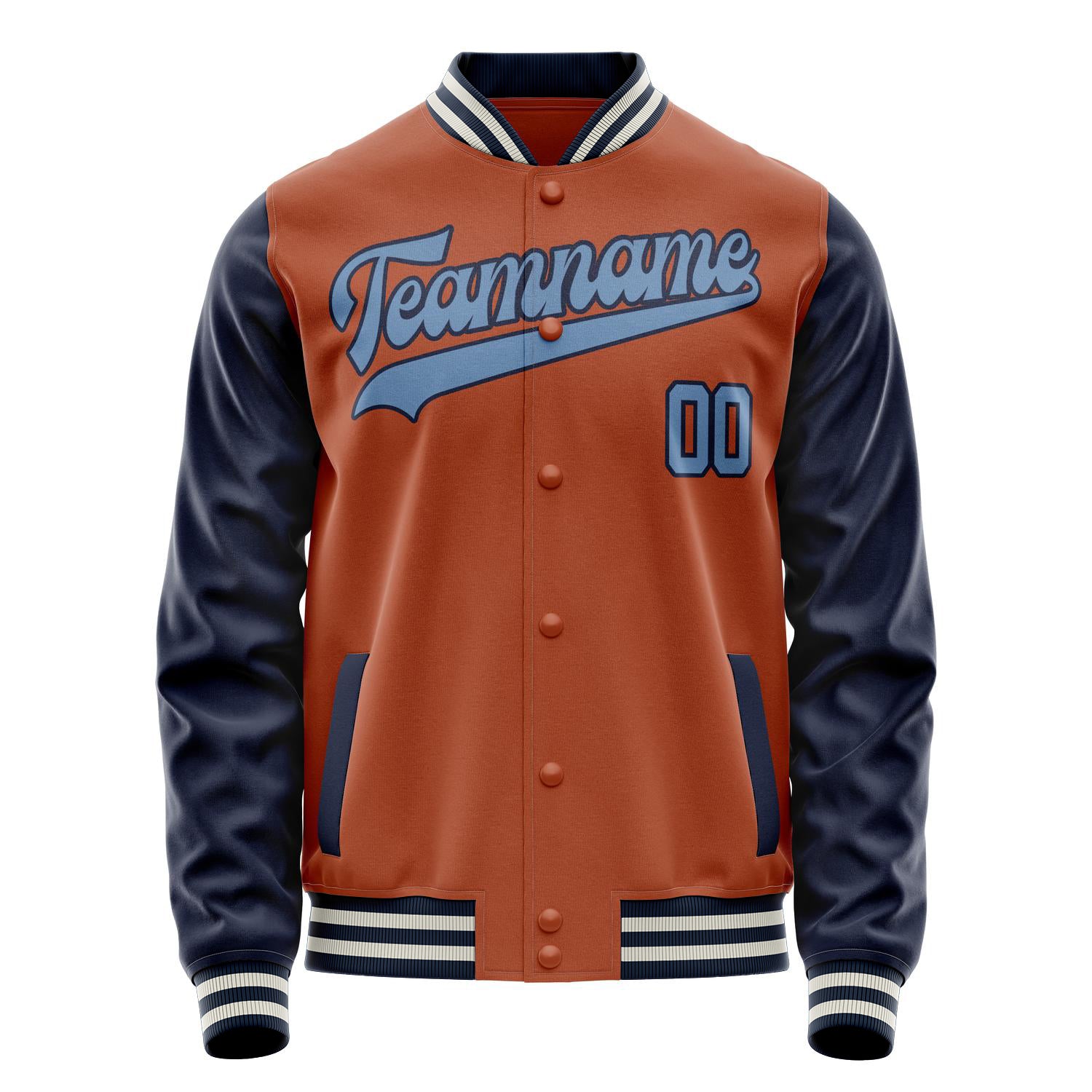 Custom Texas-Orange Navy Solid Color Varsity Letterman Jacket JA02240617JG421