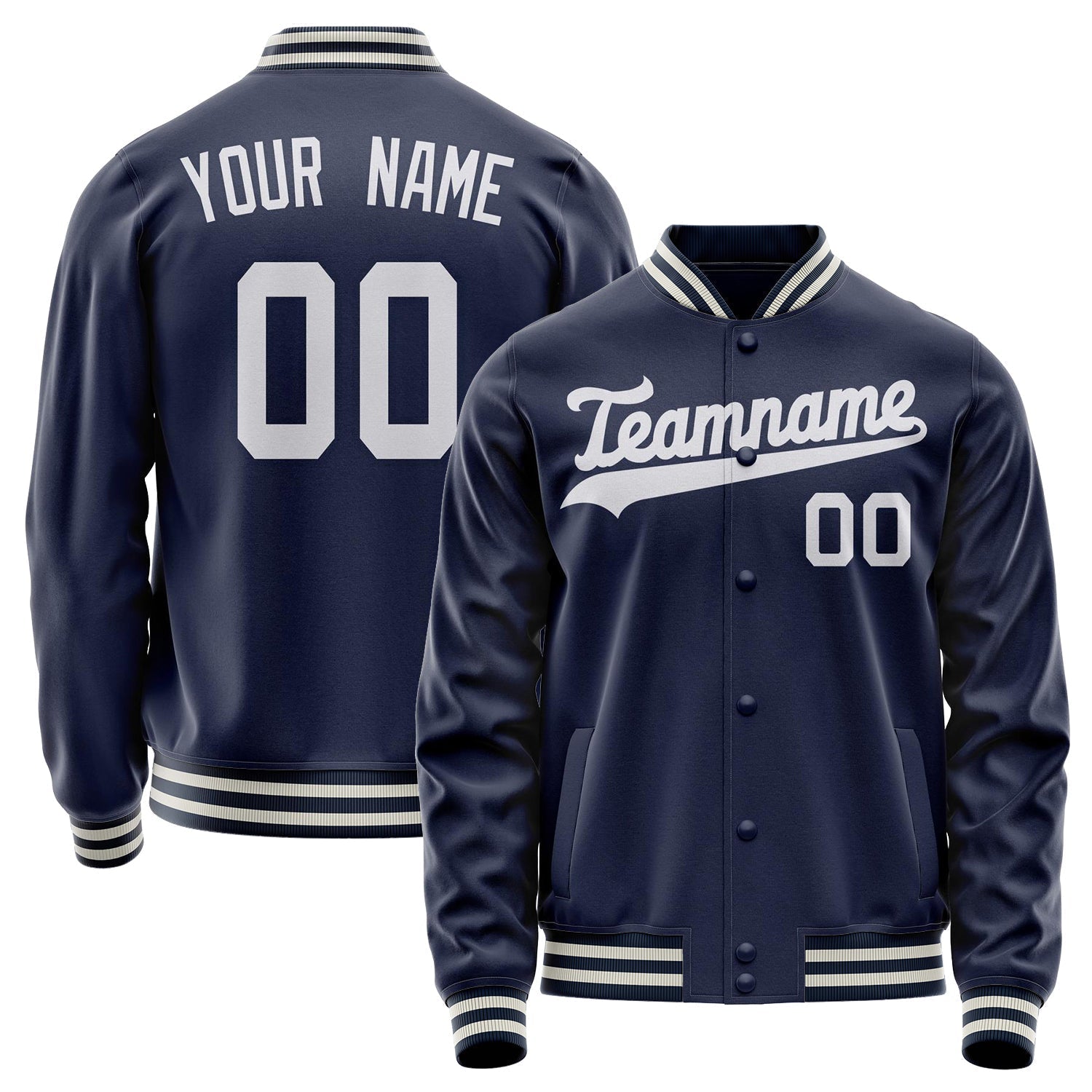 Custom Navy White Solid Color Varsity Letterman Jacket JA02240617KZ291