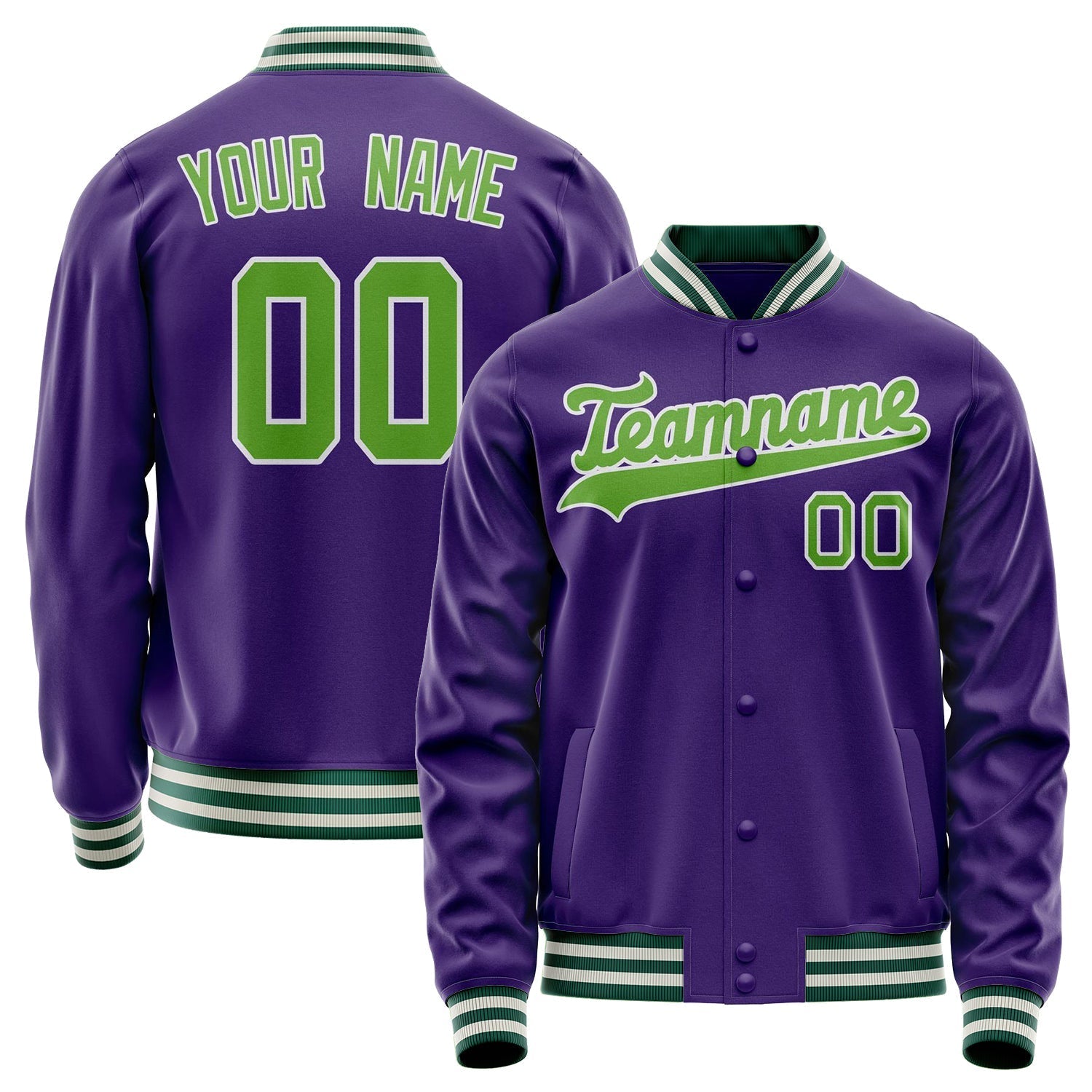 Custom Purple Neon-Green Solid Color Varsity Letterman Jacket JA02240617KZ357