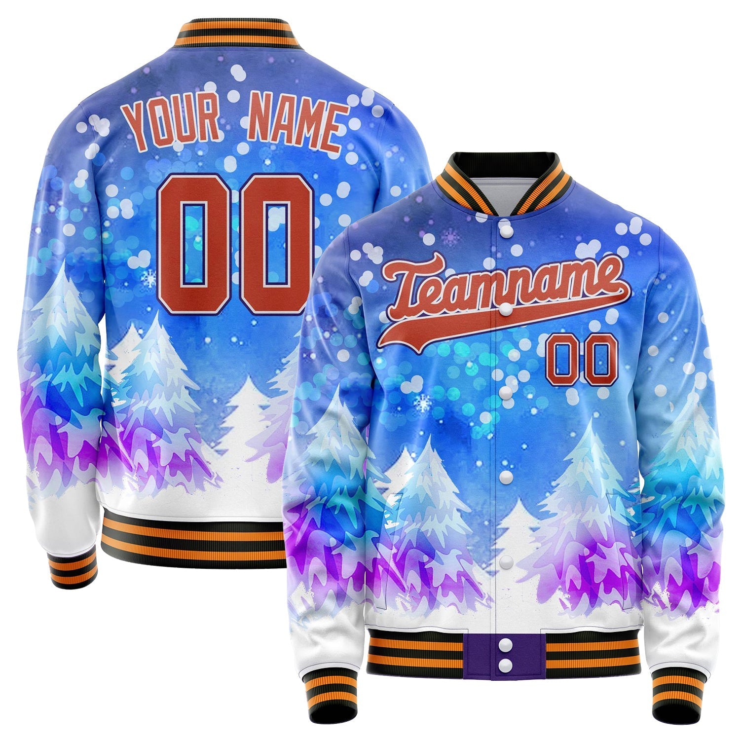 Custom Purple Orange 3D Pattern Watercolor Winter Landscape Varsity Letterman Jacket JA02240617KZ377