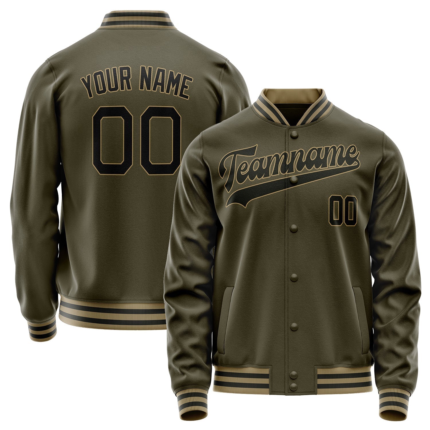 Custom Olive Black Solid Color Varsity Letterman Jacket JA02240617LH307
