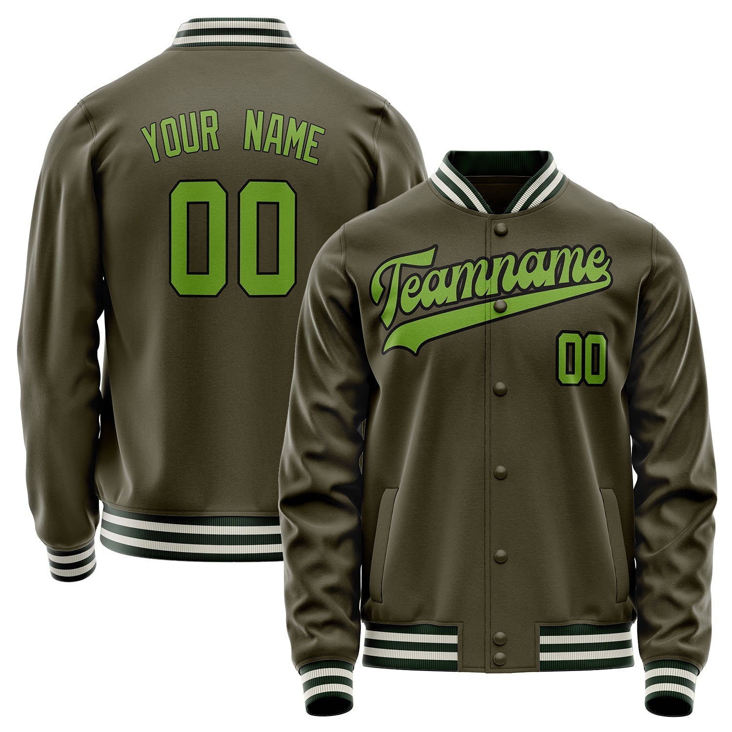 Custom Olive Neon-Green Solid Color Varsity Letterman Jacket JA02240617LH317