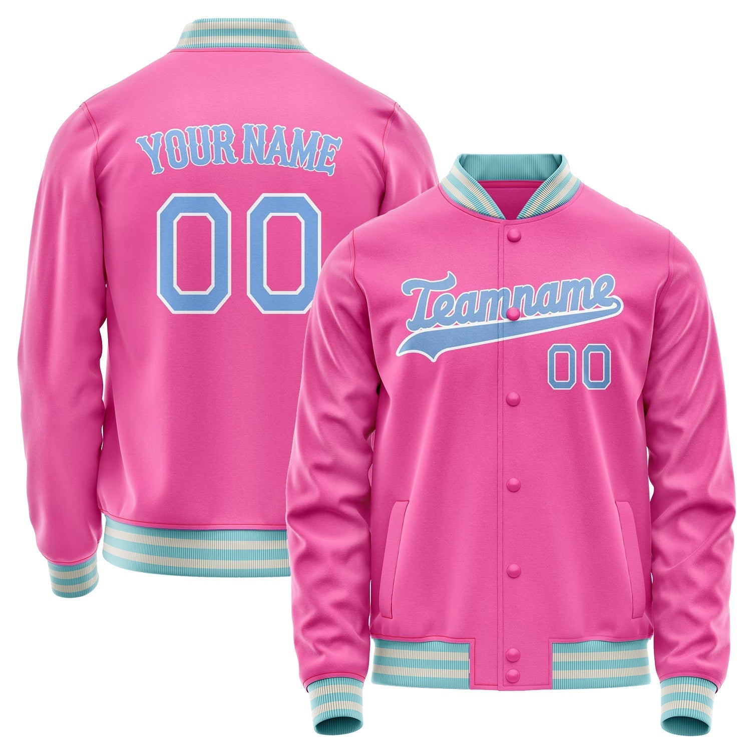 Custom Pink Light-Blue Solid Color Varsity Letterman Jacket JA02240617SH299