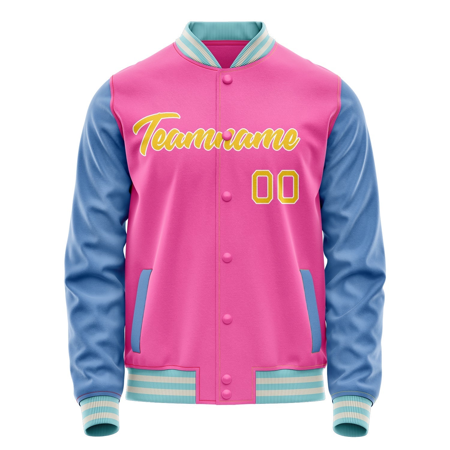Custom Pink Light-Blue Solid Color Varsity Letterman Jacket JA02240617SH302