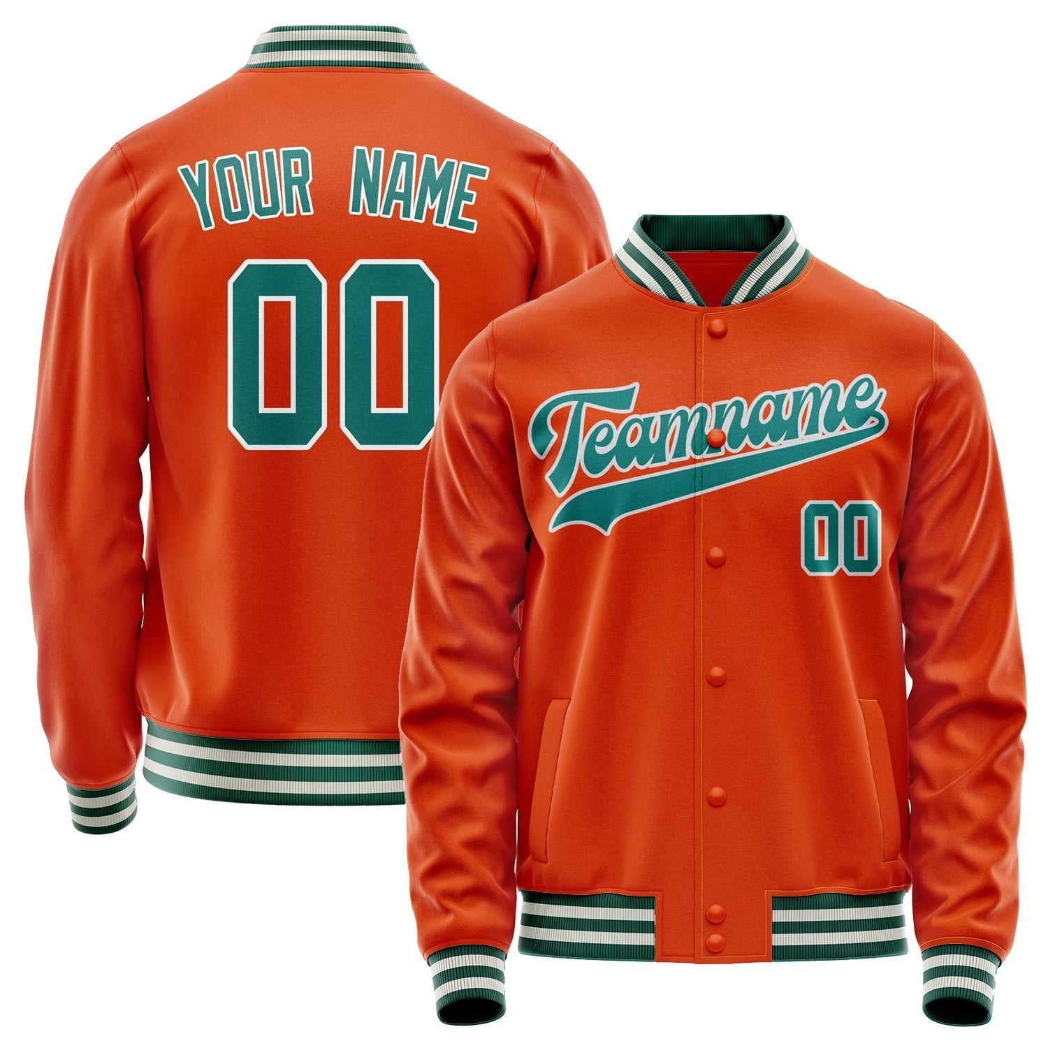Custom Orange Teal Solid Color Varsity Letterman Jacket JA02240617XE331