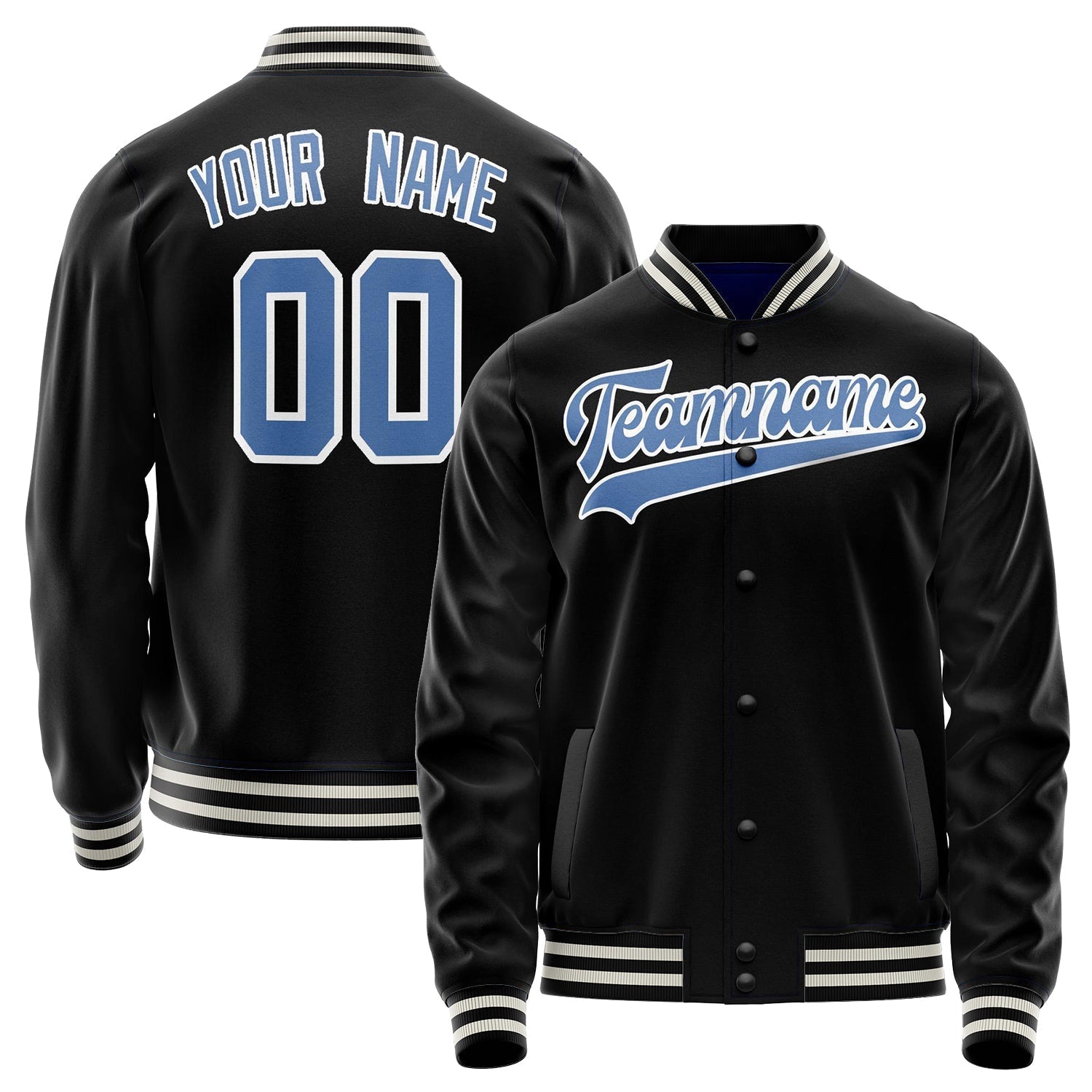 Custom Black Light-Blue Solid Color Varsity Letterman Jacket JA02240617XF009