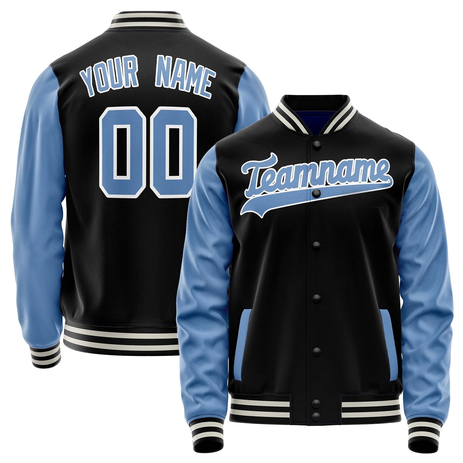 Custom Black Light-Blue Solid Color Varsity Letterman Jacket JA02240617XF030