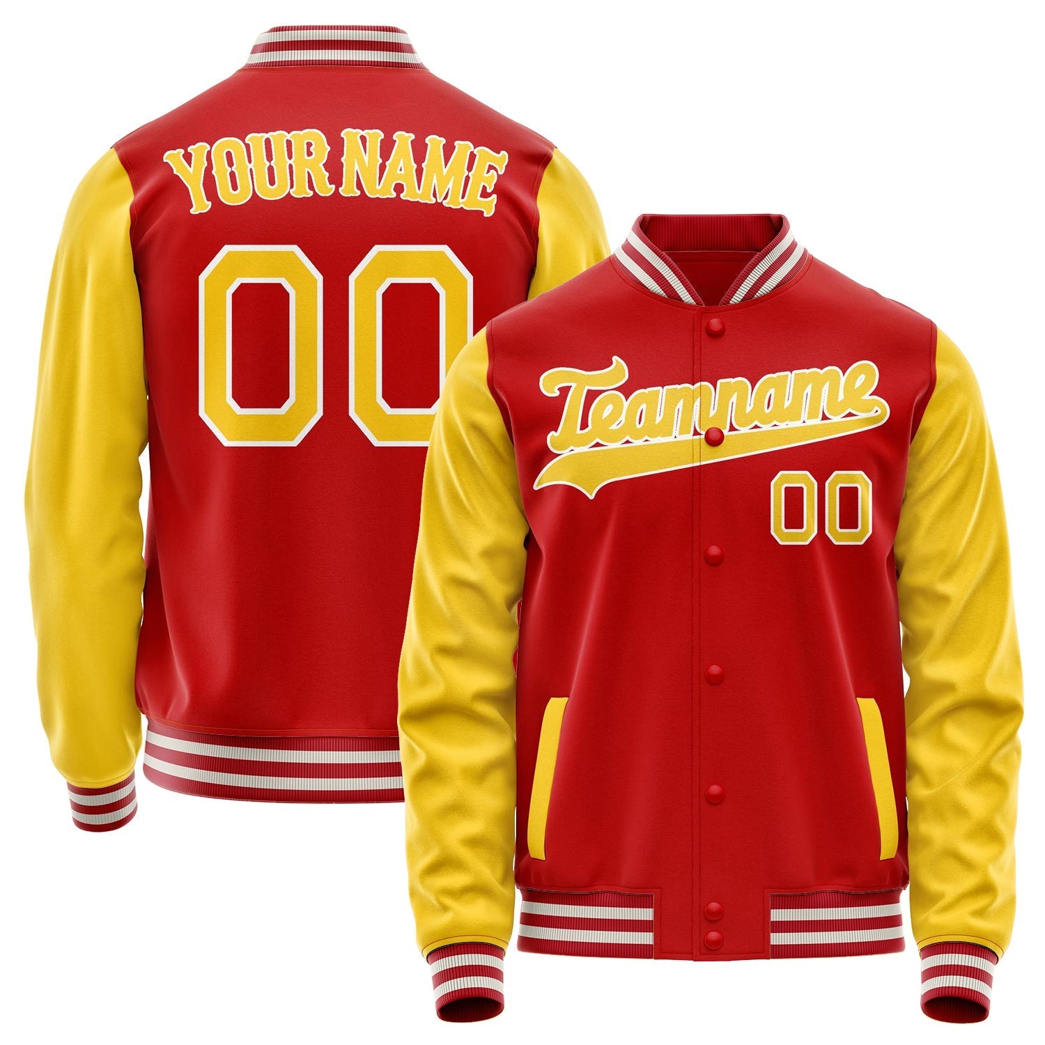Custom Red Yellow Solid Color Varsity Letterman Jacket JA02240617XY387