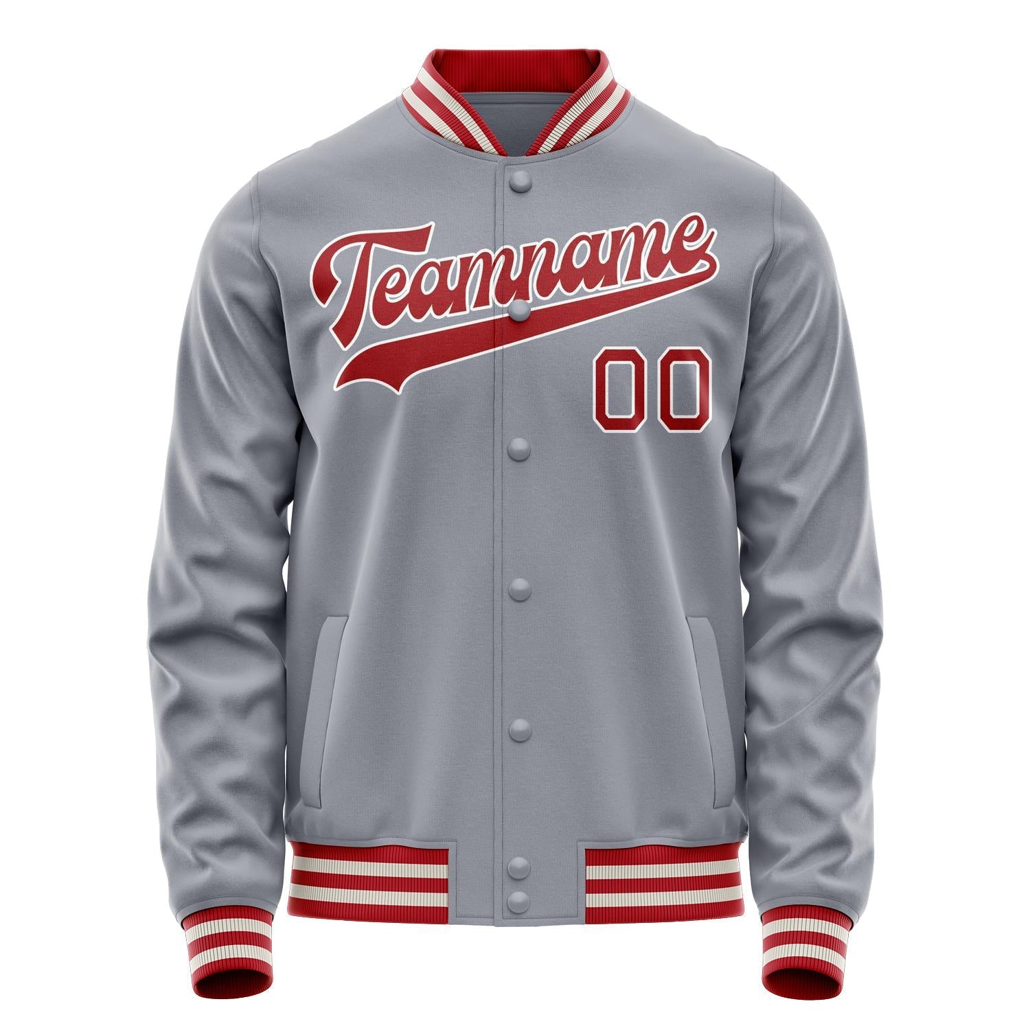 Custom Gray Red Solid Color Varsity Letterman Jacket JA02240617YH175