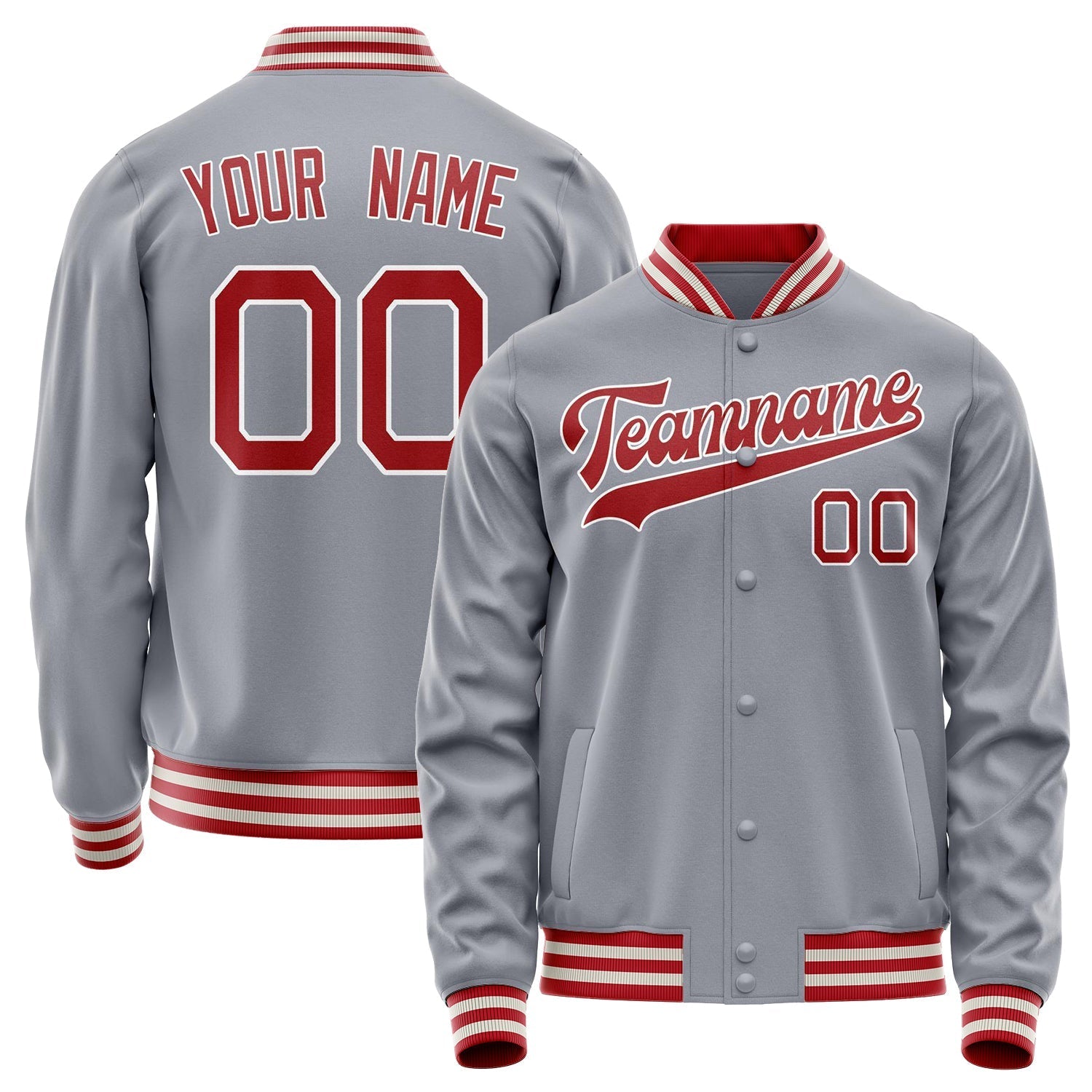Custom Gray Red Solid Color Varsity Letterman Jacket JA02240617YH175
