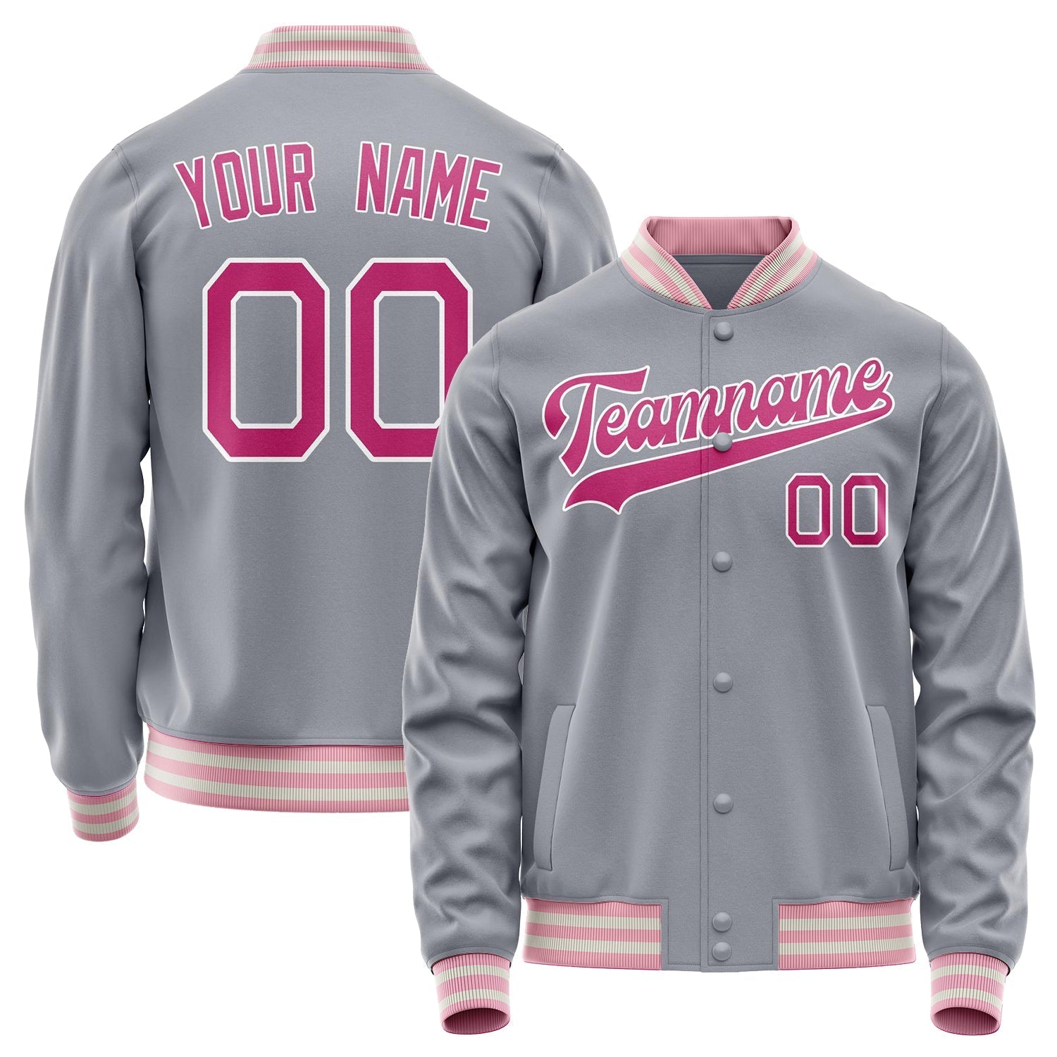 Custom Gray Pink Solid Color Varsity Letterman Jacket JA02240617YH177