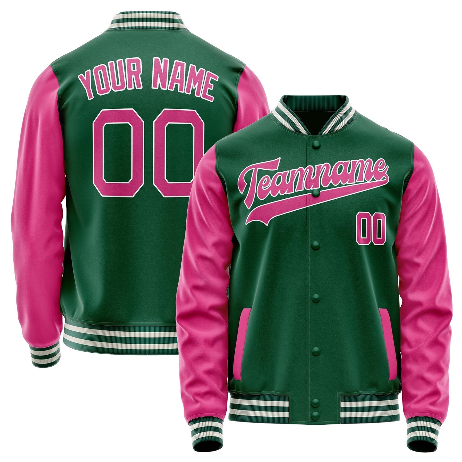 Custom Kelly-Green Pink Solid Color Varsity Letterman Jacket JA02240617ZF232