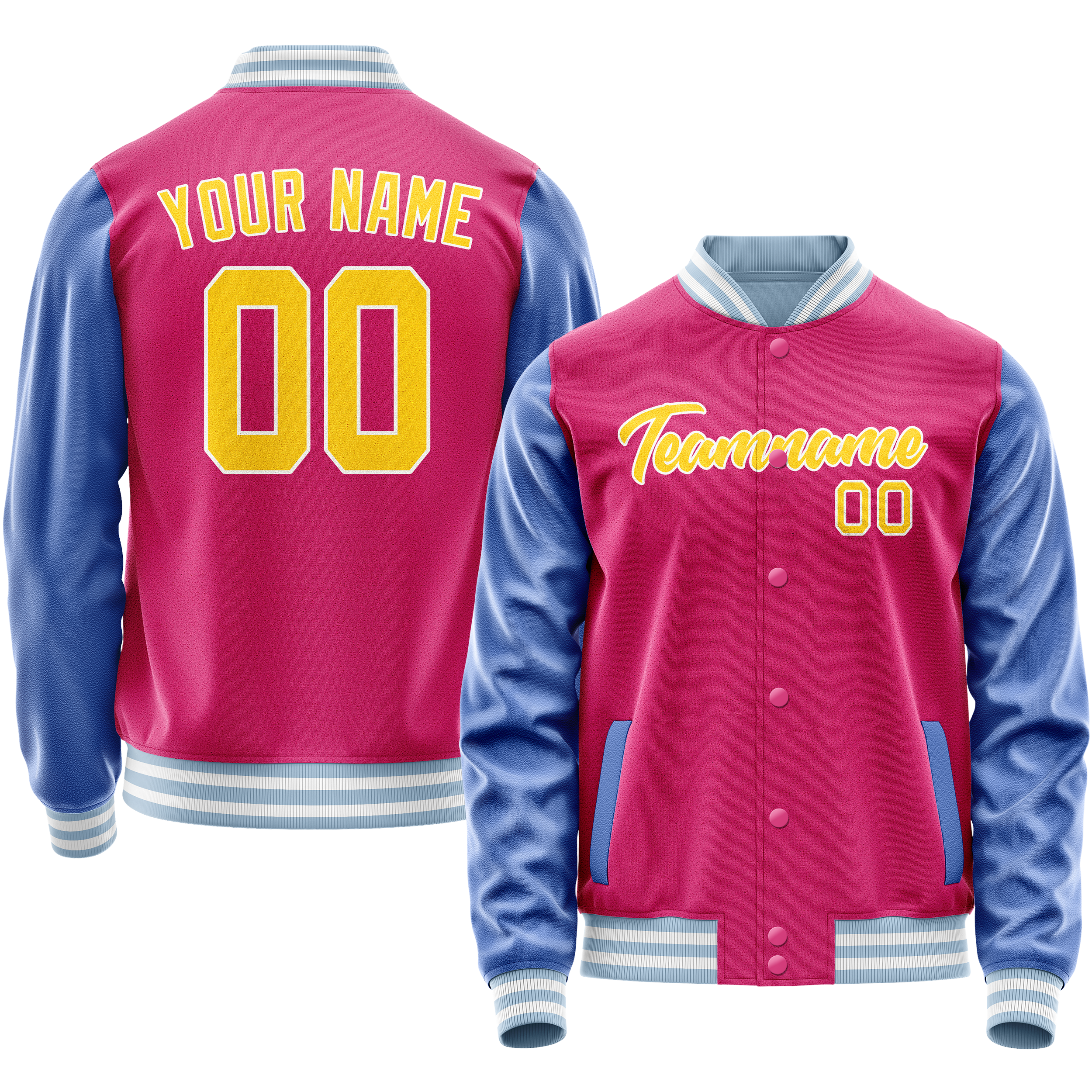 Custom Pink Light-Blue Solid Color Varsity Letterman Jacket