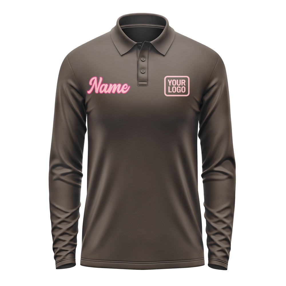 Custom Brown Light Pink Long Sleeve Polo Shirt