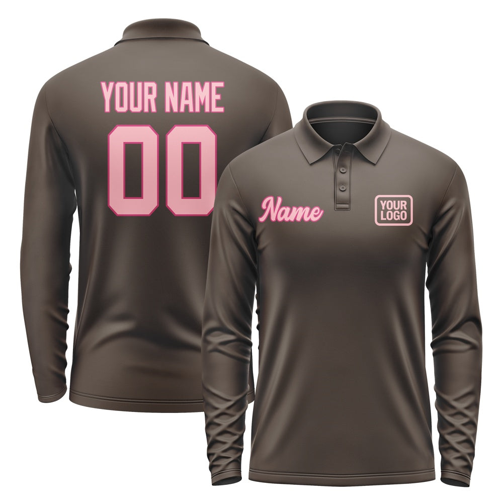 Custom Brown Light Pink Long Sleeve Polo Shirt