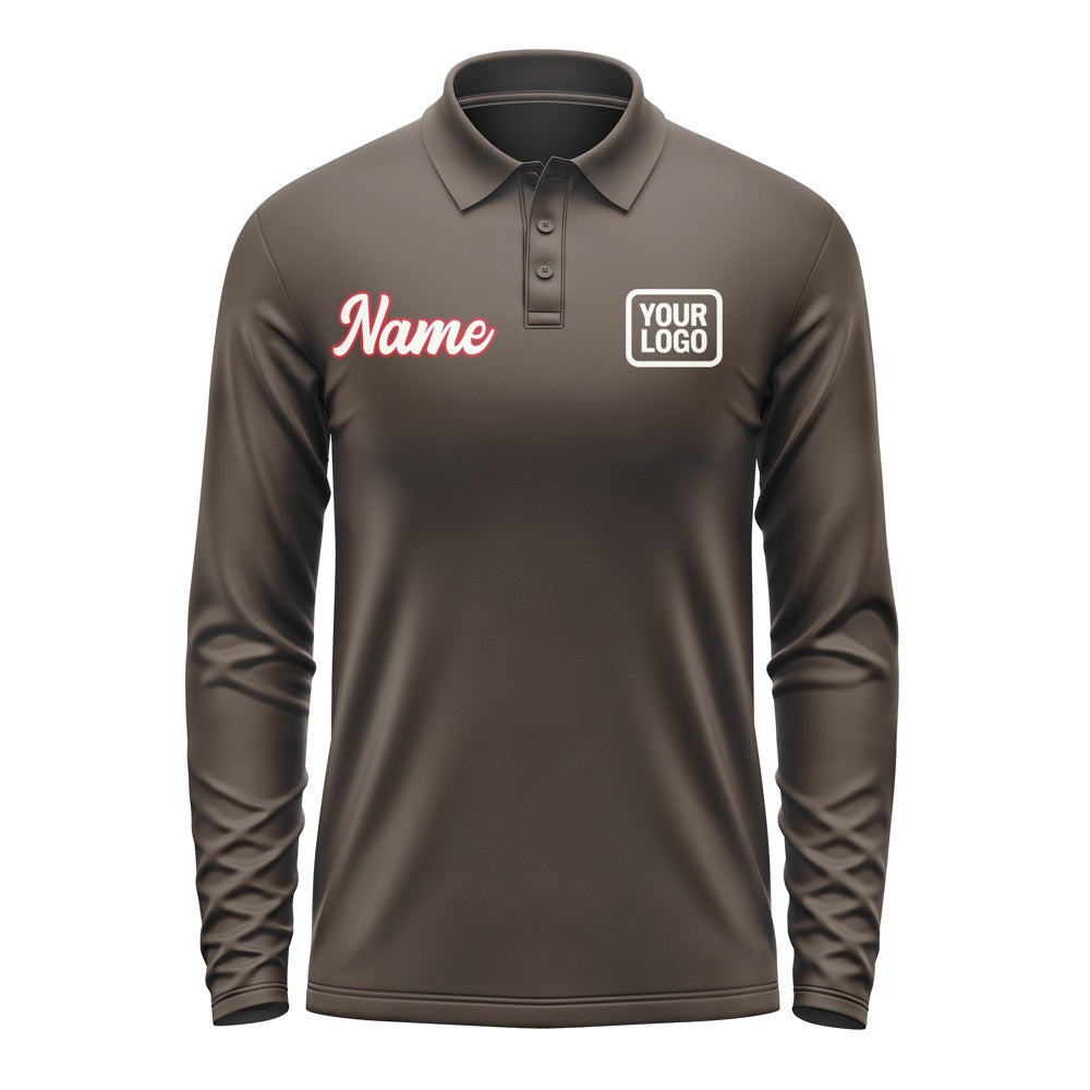 Custom Brown White Long Sleeve Polo Shirt