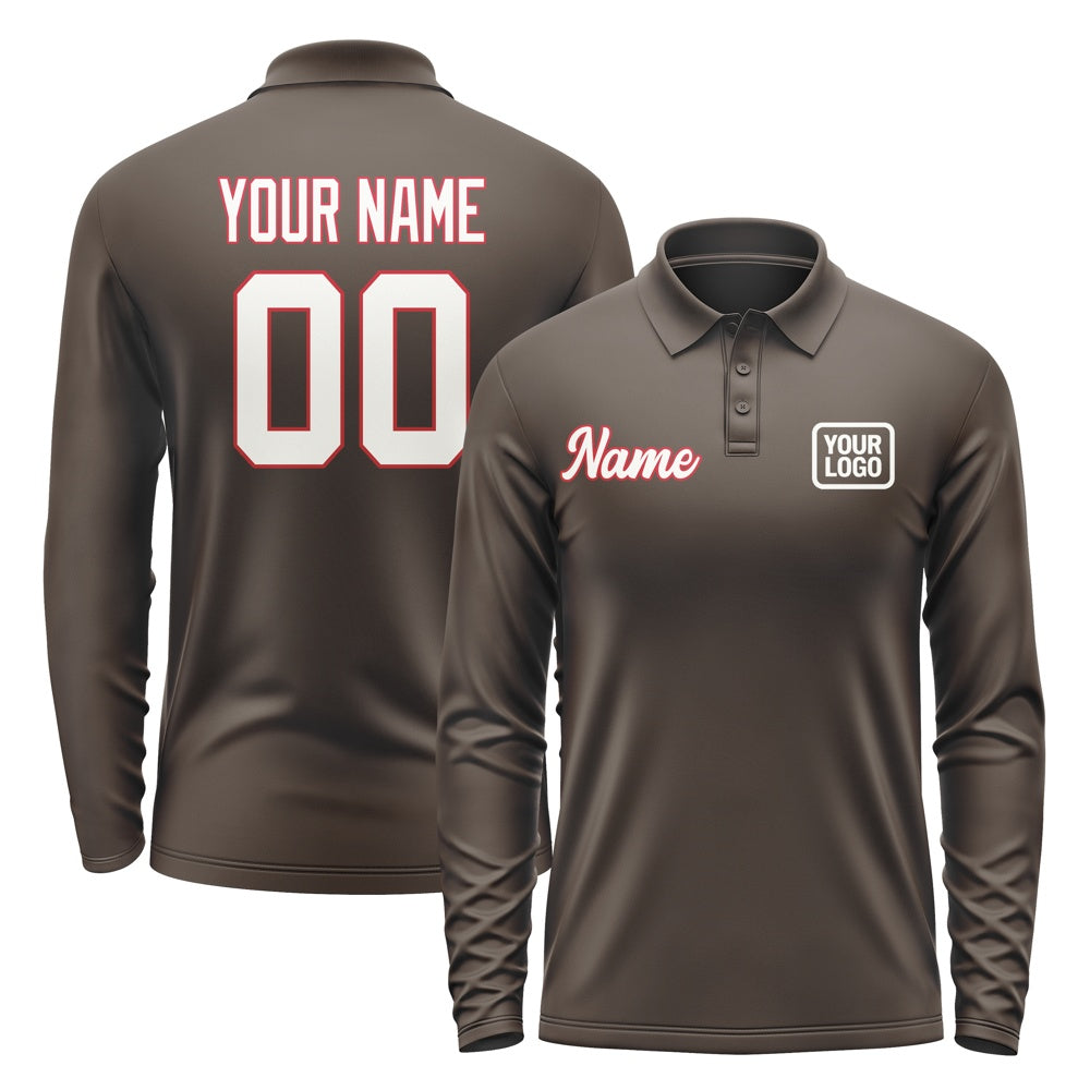 Custom Brown White Long Sleeve Polo Shirt