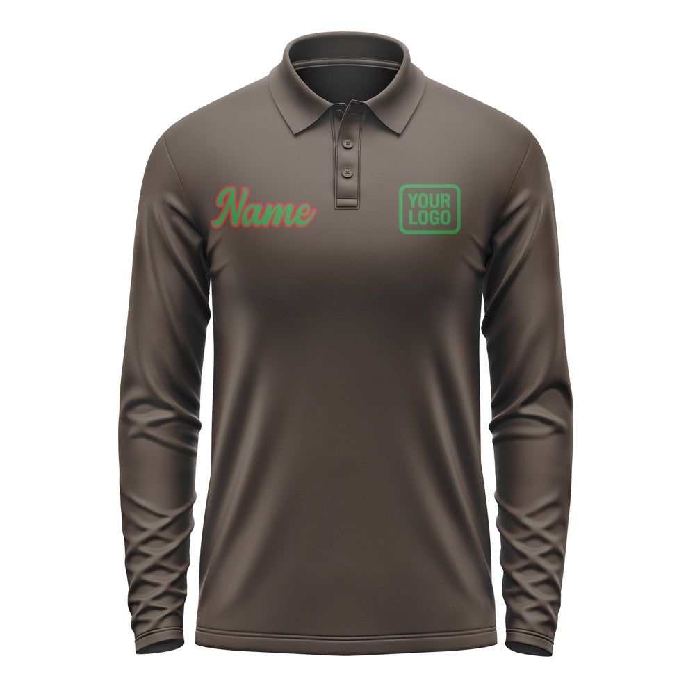 Custom Brown Emerald Green Long Sleeve Polo Shirt