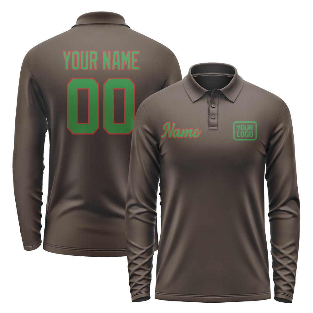 Custom Brown Emerald Green Long Sleeve Polo Shirt