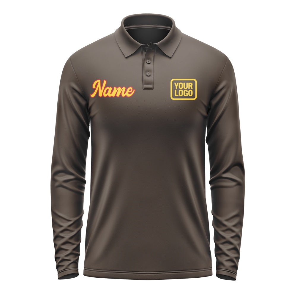 Custom Brown Gold Long Sleeve Polo Shirt