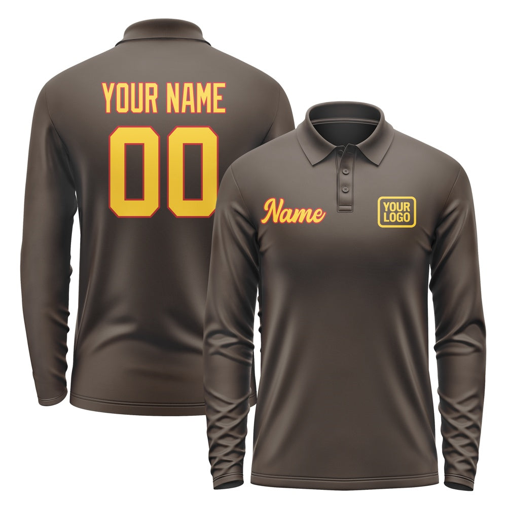 Custom Brown Gold Long Sleeve Polo Shirt