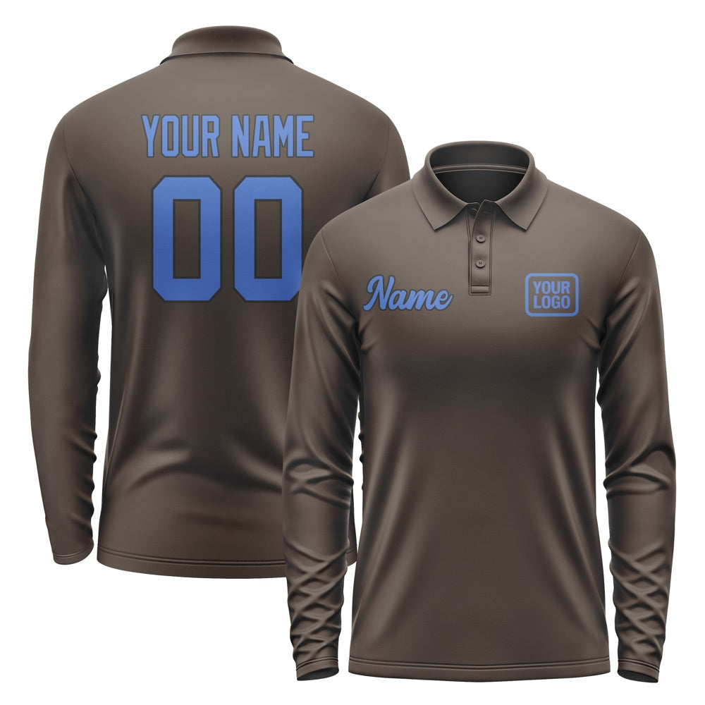 Custom Brown Sky Blue Long Sleeve Polo Shirt