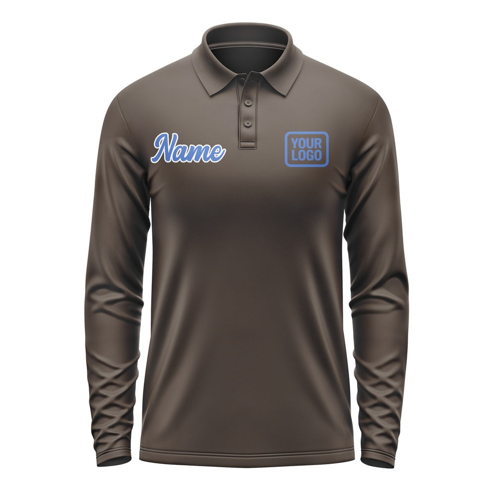 Custom Brown Sky Blue Long Sleeve Polo Shirt