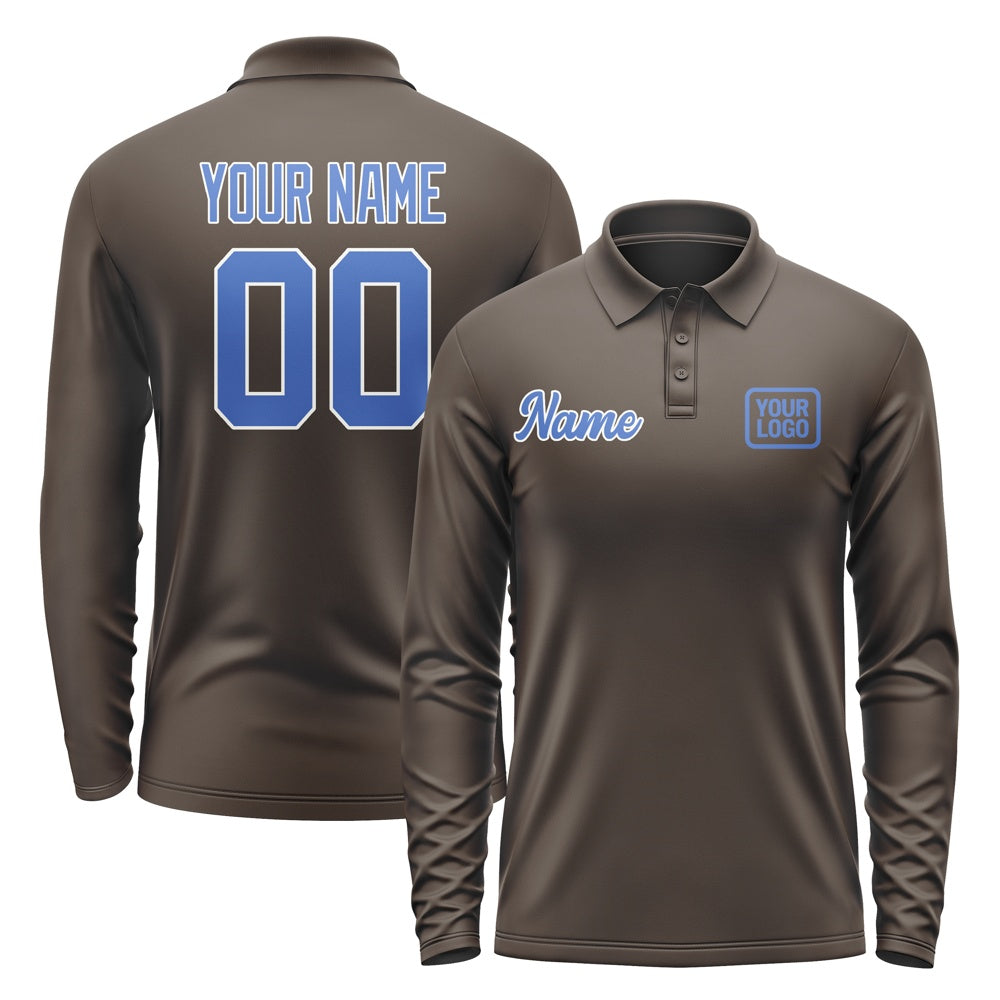 Custom Brown Sky Blue Long Sleeve Polo Shirt