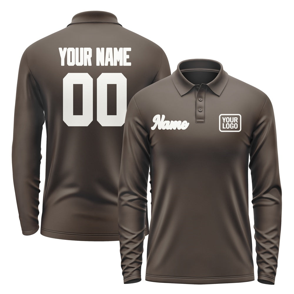 Custom Brown White Long Sleeve Polo Shirt
