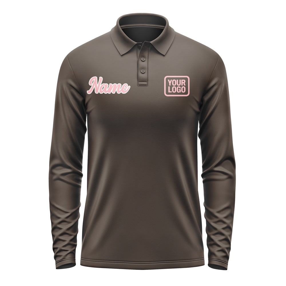 Custom Brown Light Pink Long Sleeve Polo Shirt