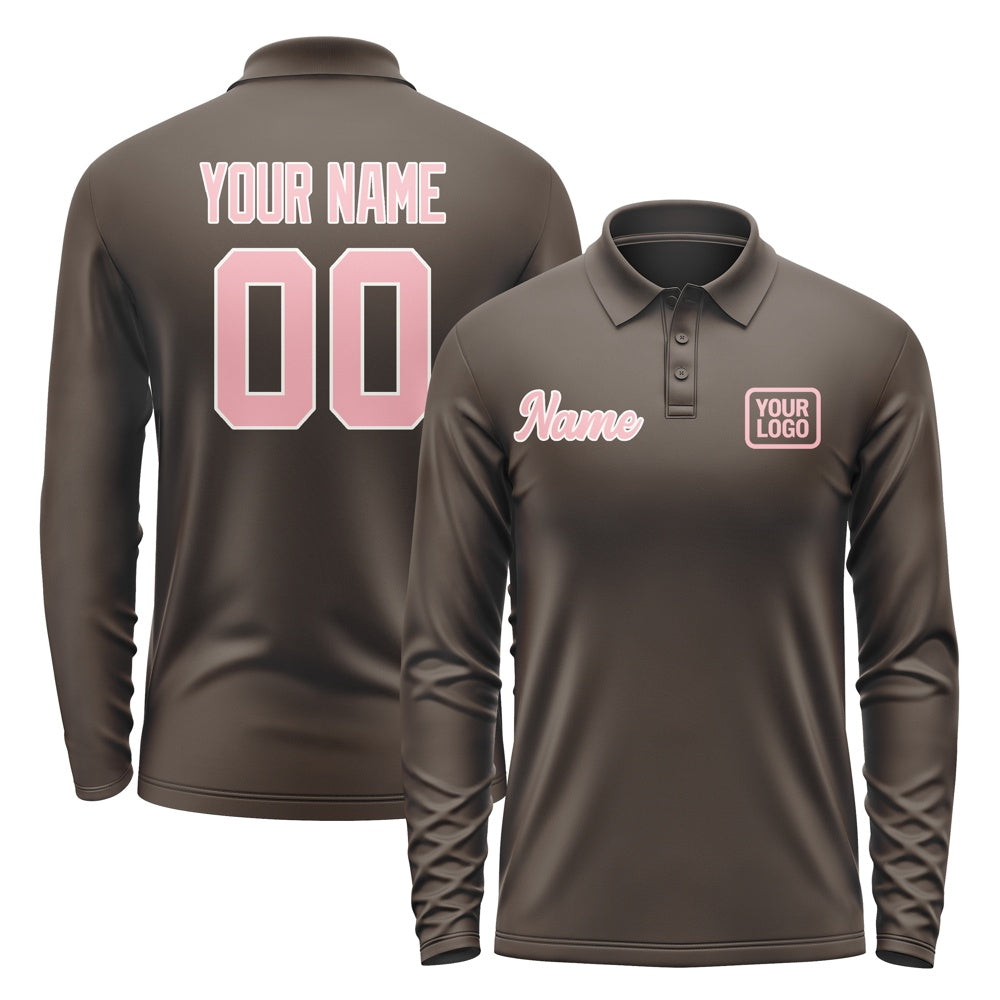 Custom Brown Light Pink Long Sleeve Polo Shirt