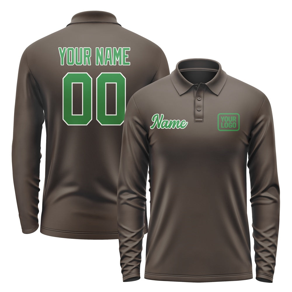 Custom Brown Emerald Green Long Sleeve Polo Shirt