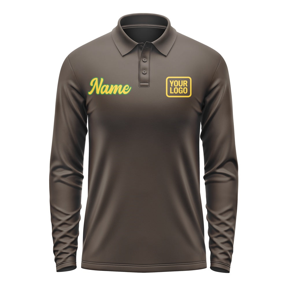 Custom Brown Gold Long Sleeve Polo Shirt