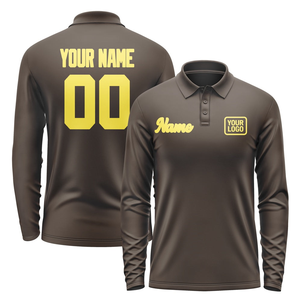 Custom Brown Light Yellow Long Sleeve Polo Shirt