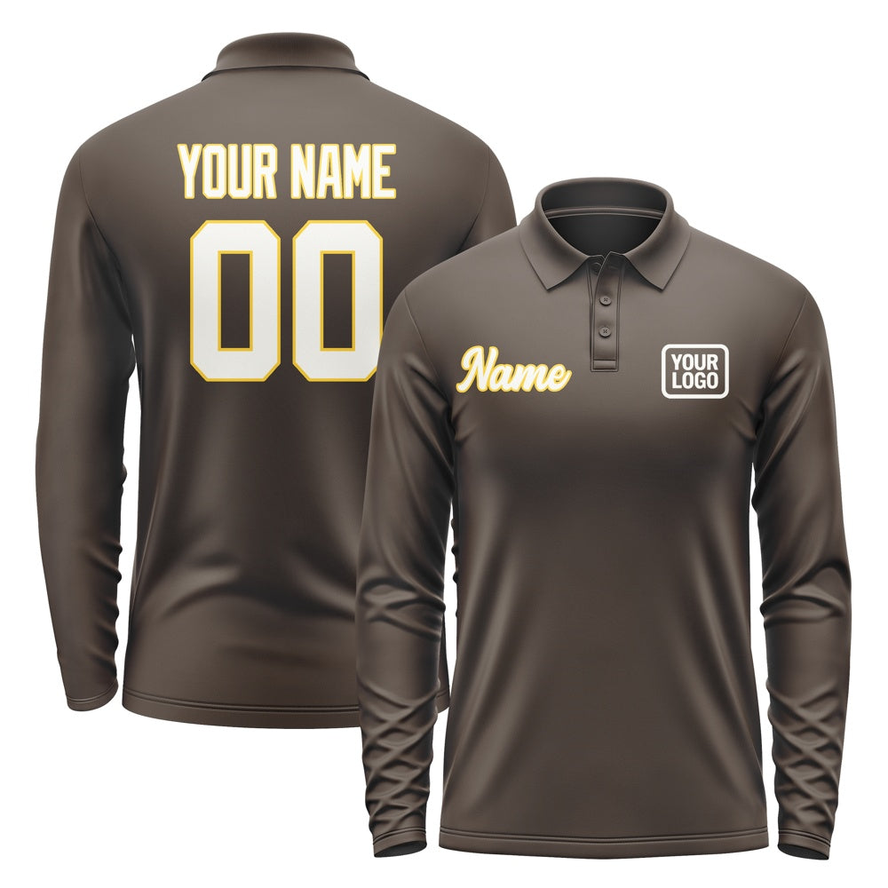 Custom Brown White Long Sleeve Polo Shirt