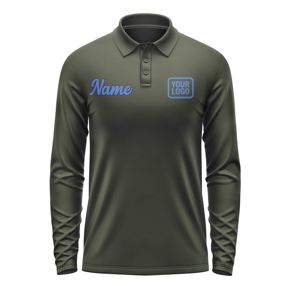 Custom Olive Sky Blue Long Sleeve Polo Shirt