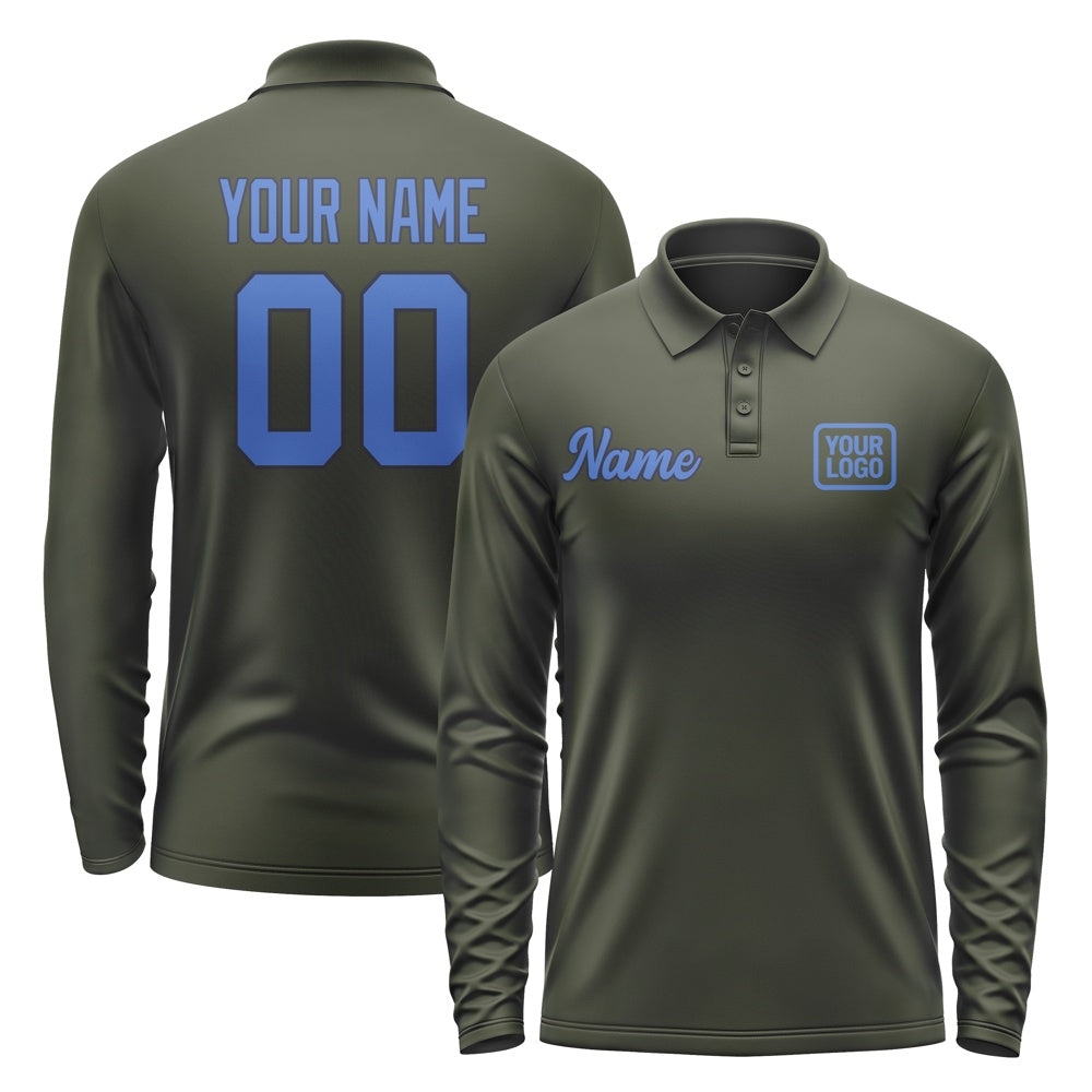 Custom Olive Sky Blue Long Sleeve Polo Shirt
