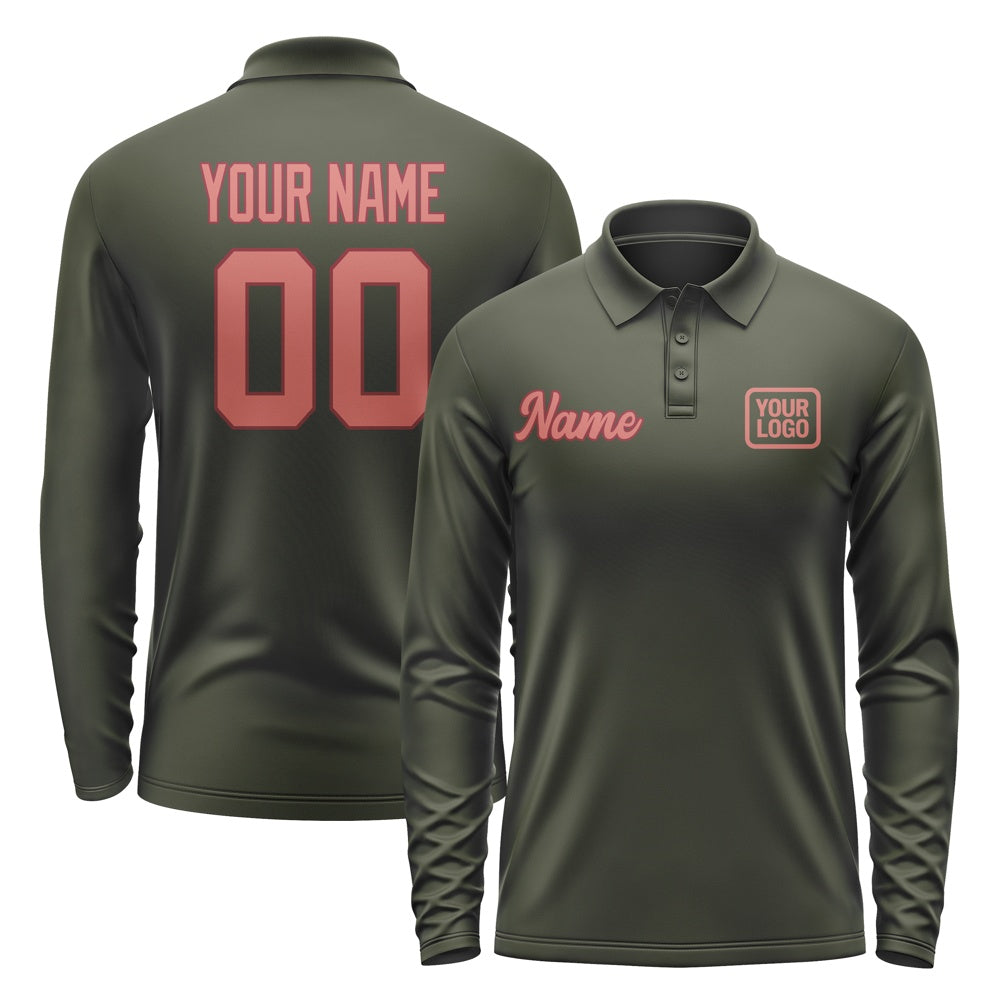 Custom Olive Copper Rose Long Sleeve Polo Shirt