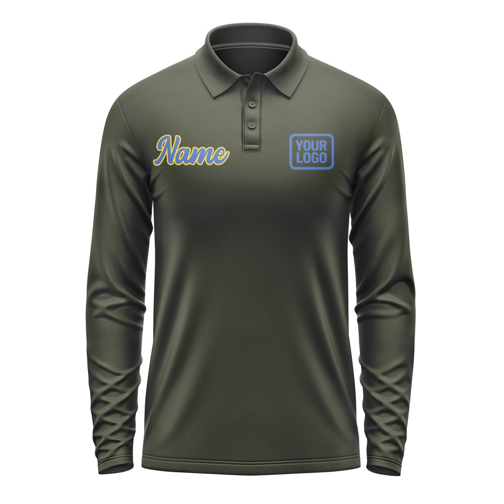 Custom Olive Sky Blue Long Sleeve Polo Shirt