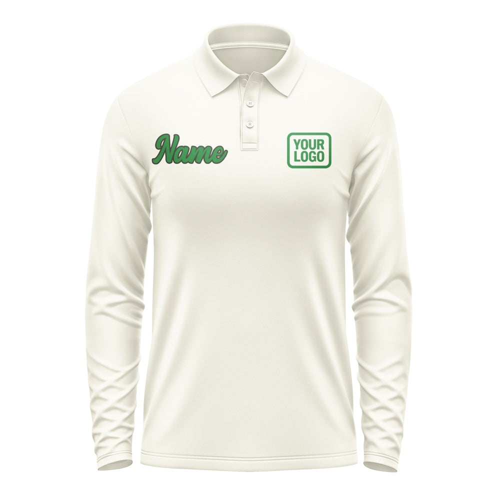 Custom Cream Emerald Green Long Sleeve Polo Shirt